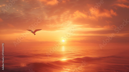 Sunset over the ocean with a seagull in flight and the sun casting a warm glow on clouds and gentle sea waves