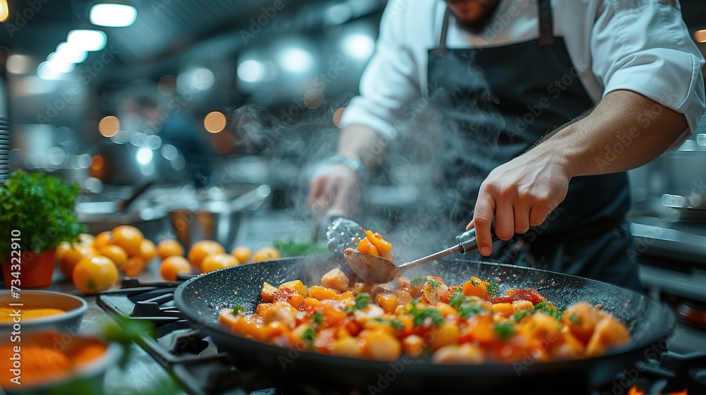 A professional chef prepares various dishes in the kitchen of an expensive restaurant