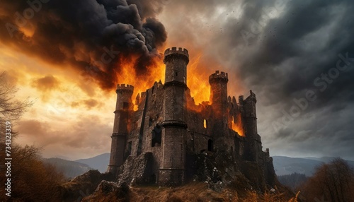 a damaged castle on fire with dramatic sky