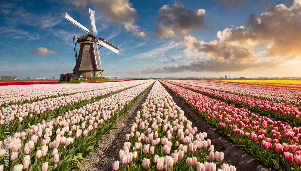 Windmill in tulip field at sunset, Netherlands, springtime