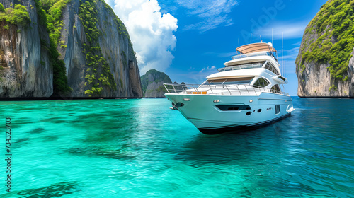 A luxury yacht anchored in clear blue ocean waters near steep rock formations on a sunny day. Ai generative © ImageFlow