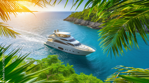 A luxury yacht sailing on the blue ocean near a tropical coastline, with lush greenery and palm leaves framing the view. Ai generative photo