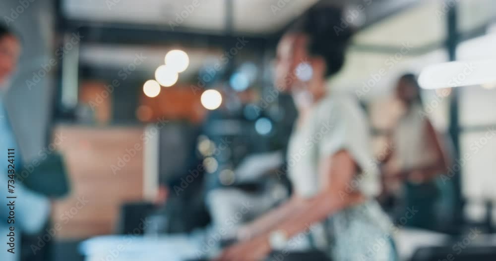 Motion blur, business people and meeting with startup, brainstorming and planning with a project. Group, staff and coworkers with teamwork and corporate with professional and busy with collaboration