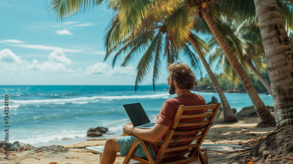 A man works on his laptop while sitting on a beach chair, enjoying a scenic ocean view, embodying a remote nomad lifestyle.  Ai generative