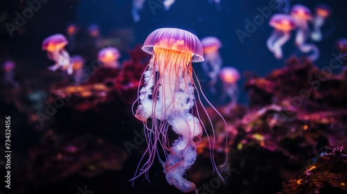 A group of jellyfish swimming in the ocean with purple and pink lights, AI
