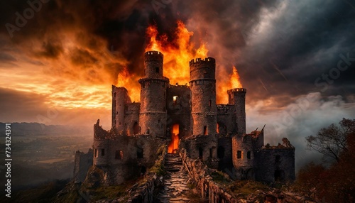 burning destroyed castle ruins