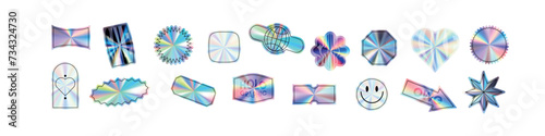 Y2K holographic sticker set hearts with chrome effect. Abstract shapes in hologram style. Flat vector illustration isolated on white background.