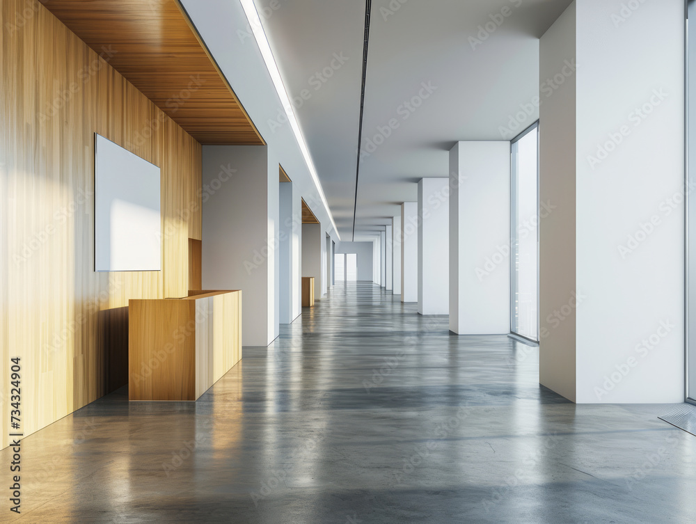 A spacious modern office interior with empty frames on the walls, wood paneling, and a polished concrete floor reflecting natural light from large windows. Ai generative A spacious modern office interior with empty frames on the walls, wood paneling, and a polished concrete floor reflecting natural light from large windows. Ai generative