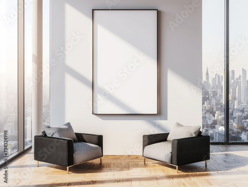 An interior view of a modern office with a large empty framed poster on the wall, two armchairs, and a cityscape visible through floor-to-ceiling windows. Ai generative