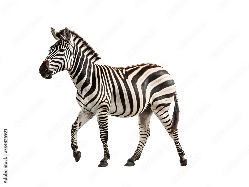 a zebra walking on a white background