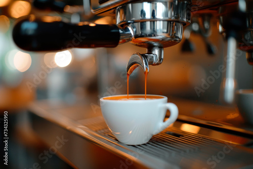 Close-up shot of espresso being poured into a white cup from a coffee machine. Professional coffee preparation at home or cafe