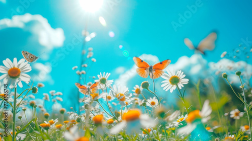 Wild daisy flowers and butterflies on a meadow in nature in the rays of sunlight against the sky in summer or spring. Scenic summer art background with soft focus, low angle, banner
