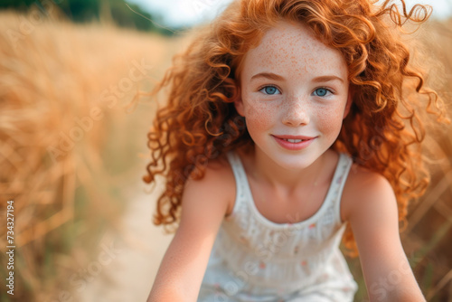 Smiling 10 year old girl with red curly hair rides a bicycle along a path in a field, happy childhood, outdoor activities in summer, copy space © Ирина Селина