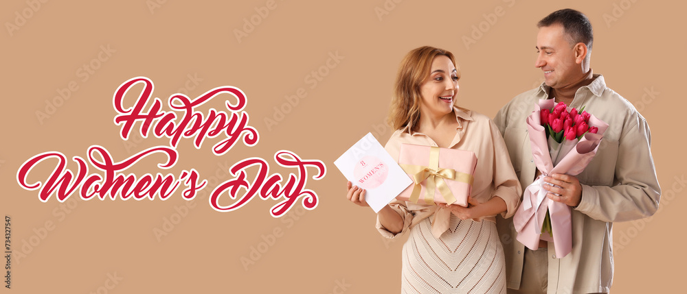 Festive banner for Happy Women's Day with middle-aged couple Festive banner for Happy Women's Day with middle-aged couple