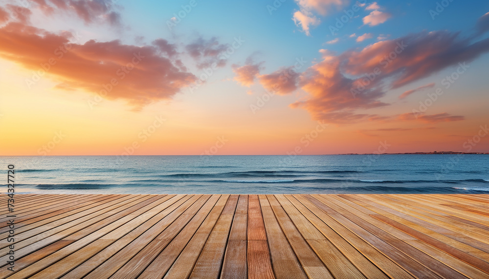 Sunset over water, wood plank table, nature tranquil beauty generated by AI