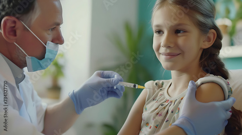 Doctor, pediatrician injecting vaccine into teenage girl arm. Concept of preventive health care for adolescents
