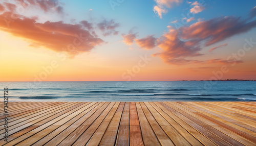 Sunset over water, wood plank table, nature tranquil beauty generated by AI © Jeronimo Ramos