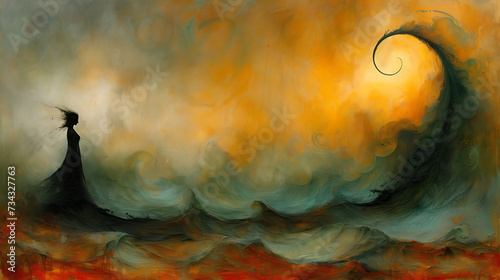 A painting of a woman standing in the ocean, in the style of dramatic splendor, dark teal and orange, motion blur panorama, depictions of inclement weather, golden light
