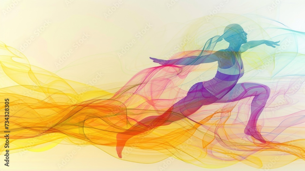 Silhouette of a Graceful Dancer Enveloped in Flowing Ribbons of Color,artistic representation of the fluid movements in Pilates,