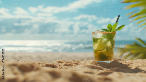 Mojito cocktail in a sand, blur sunny beach in background
