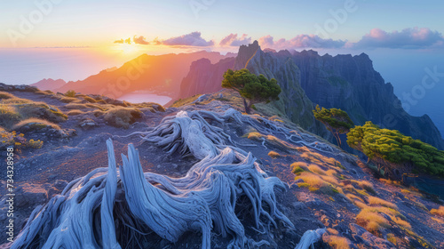 Mountain trek to Pico Ruivo, Madeira, white dry trunks lying on foreground photo
