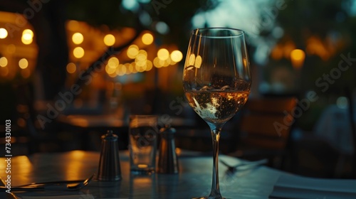 Closeup of a glass of wine on the terrace of a restaurant generative ai © ThisDesign