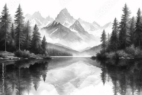 Monochrome Landscape of Lake and Mountains, Black and White Illustration