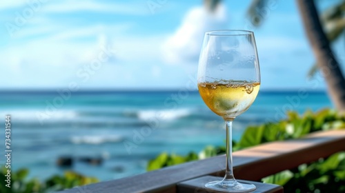 Closeup of a glass of wine on the balcony of a tropical resort  overlooking the ocean  generative ai