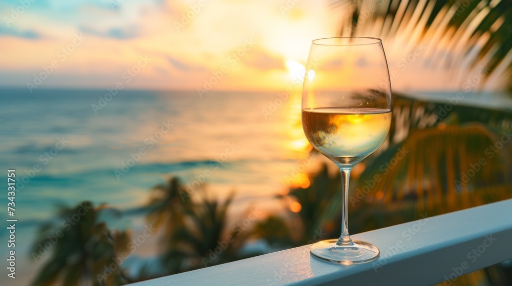 Obraz premium Closeup of a glass of wine on the balcony of a tropical resort, overlooking the ocean, generative ai