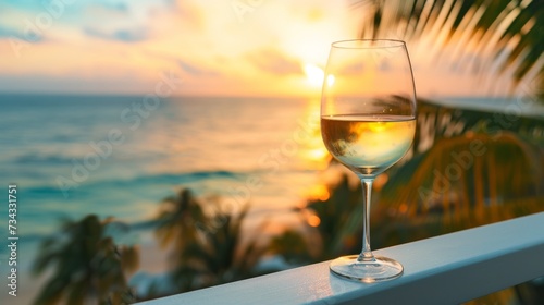Closeup of a glass of wine on the balcony of a tropical resort, overlooking the ocean, generative ai photo