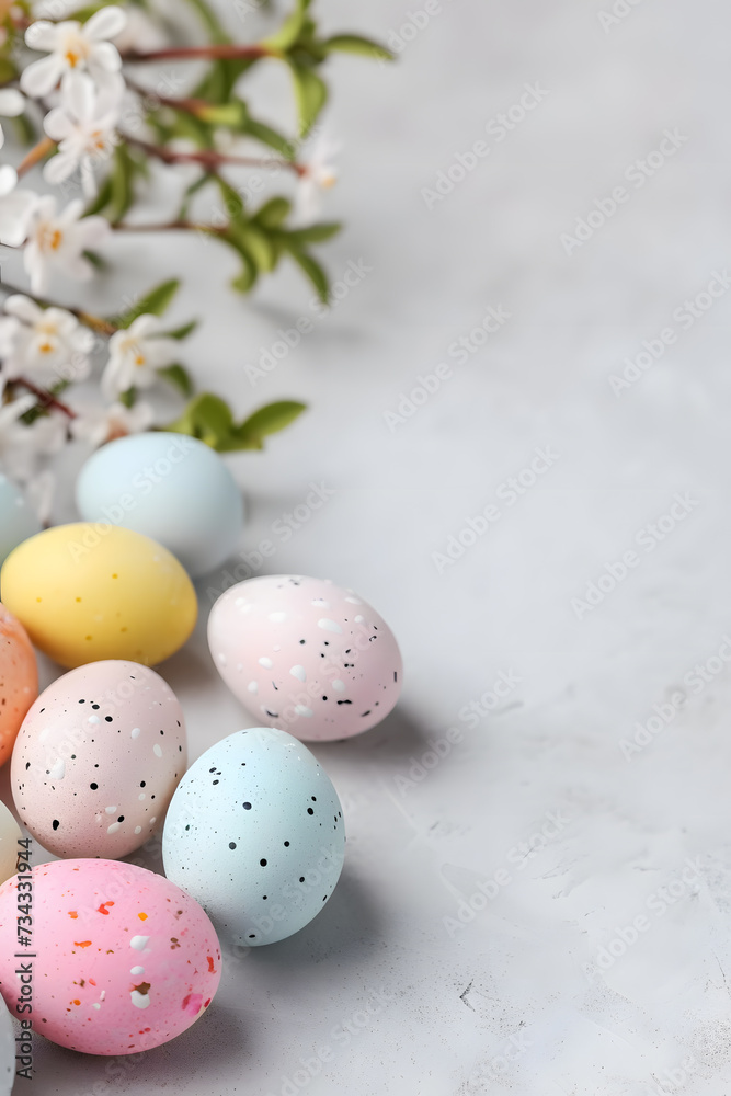 Easter eggs and spring flowers on a marble background. Top view with copy space.Spring Awakening: Easter Eggs and Blossoms on a Textured Surface