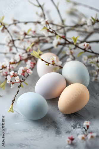 Easter eggs and spring flowers on a marble background. Top view with copy space.Spring Awakening: Easter Eggs and Blossoms on a Textured Surface