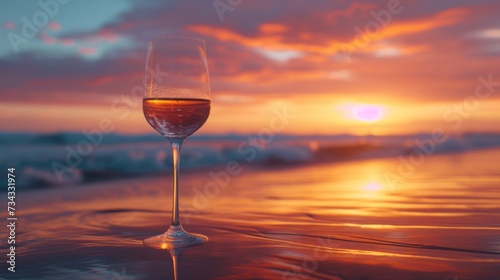 Elegant glass of wine in front of a stunning beach sunset, generative ai