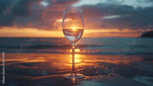 Elegant glass of wine in front of a stunning beach sunset, generative ai