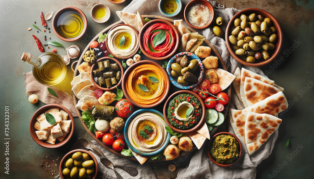 Mediterranean mezze platter scene, showcasing a variety of small dishes that highlight the diversity, color, and vibrancy of Mediterranean cuisine