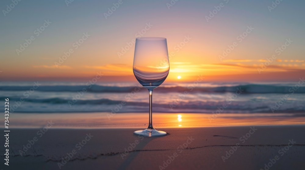 Elegant glass of wine in front of a stunning beach sunset, generative ai Elegant glass of wine in front of a stunning beach sunset, generative ai