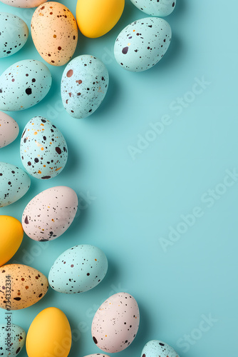 Easter eggs and spring flowers on a marble background. Top view with copy space.Spring Awakening: Easter Eggs and Blossoms on a Textured Surface