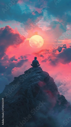 Person meditating atop a mountain at sunrise, embracing the tranquility and serenity of the early morning hours