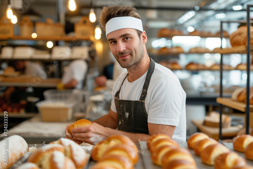 An artisan baker, dressed in traditional attire, meticulously arranges a variety of freshly baked bread in a warmly lit bakery.
