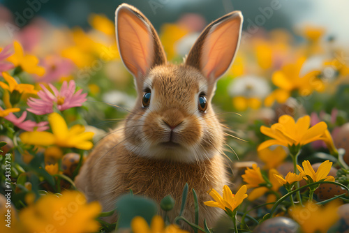 Rabbit in the meadow with spring flowers. Spring background.Sunlit Bunny Amidst Blooming Flowers