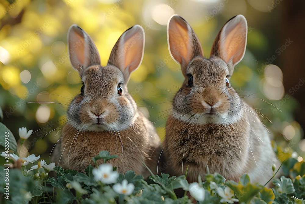 Fototapeta premium Rabbit in the meadow with spring flowers. Spring background.Sunlit Bunny Amidst Blooming Flowers