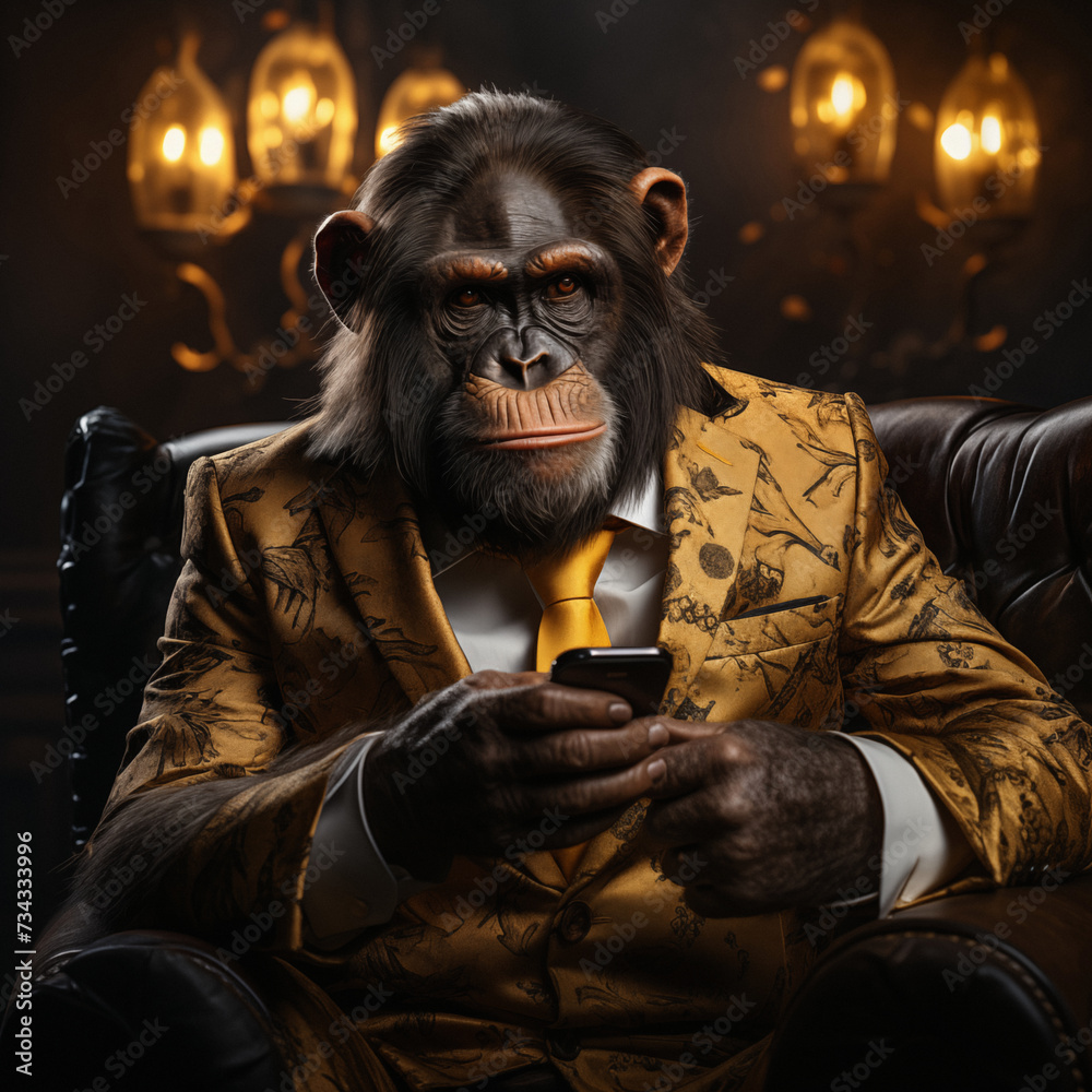 A mad business monkey dressed with a yellow suit hold a smartphone