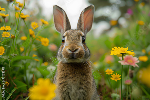 Rabbit in the meadow with spring flowers. Spring background.Sunlit Bunny Amidst Blooming Flowers © Moon