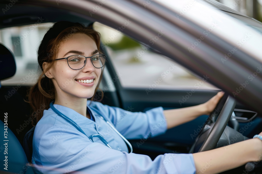 Female nurse sitting in car, going home from work. Female doctor driving car to work, on-call duty. Work-life balance of healthcare worker. Female nurse sitting in car, going home from work. Female doctor driving car to work, on-call duty. Work-life balance of healthcare worker.