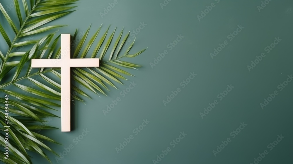 Christian cross and palm leaf on a neutral background with copy space - obrazy, fototapety, plakaty 