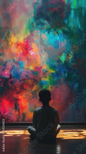 Child sitting in front of a brightly colored painting or painting traditon