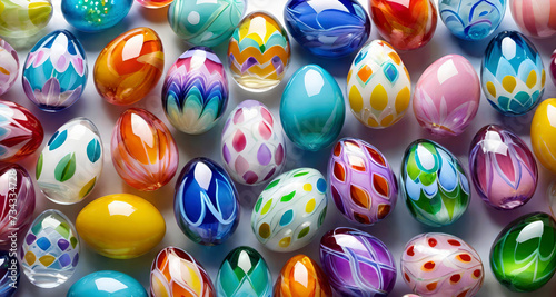 Colorful glass Easter eggs as a background. Banner for design with copy space. AI generated.
