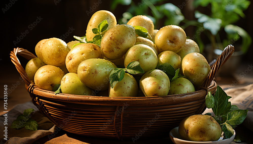 A rustic table, a basket of organic vegetables, freshness generated by AI A rustic table, a basket of organic vegetables, freshness generated by AI