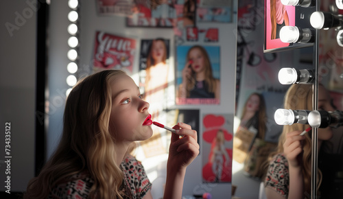 Young girl putting on lipstick in her bedroom with posters of role models on her wall. If preteens and teenagers have an unhealthy body image, they might be self-critical and unhappy