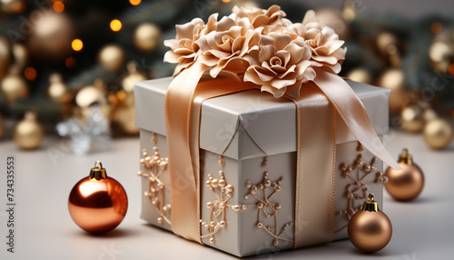 Christmas ornament decorating a glowing gold gift box on a snowy background generated by AI